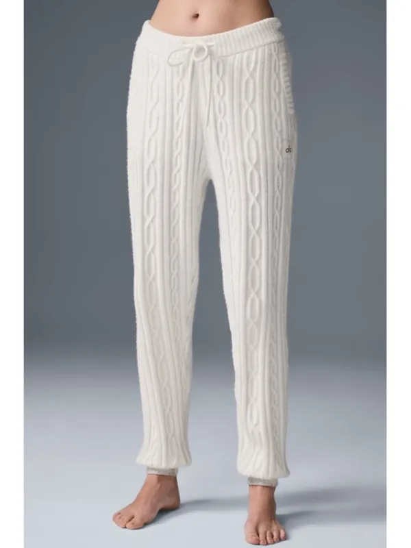 Alo Cable Knit Winter Bliss Pants Ivory High-Rise Waist Chunky Sweater Joggers S - Image 3