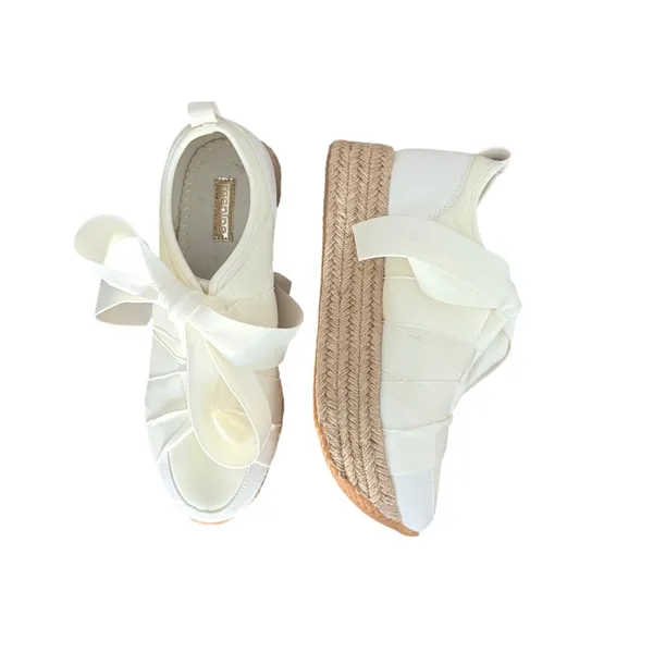 Menina Off White Satin Ribbon Bow‎ Espadrille Platform Sneakers Womens - Image 3