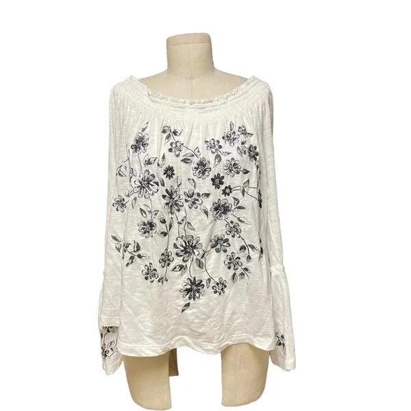 Anthropologie Annie‎ Top Embroidered Off The Shoulder Blouse White Size Large - Image 2