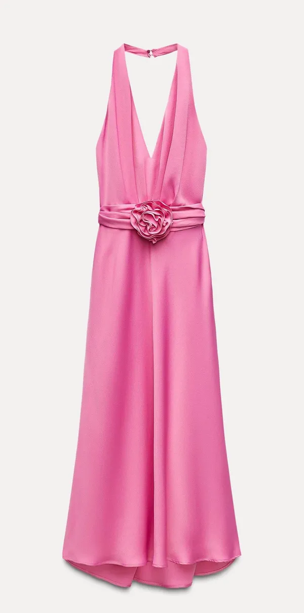 Zara maxi dress pink satin effect floral tie scarf wedding party cocktail - Image 17