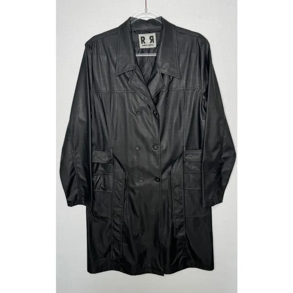 1990s Rave 4 Real Black Coated Stretch Trench Coat Women’s M/L - Image 6