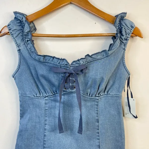 Urban Outfitters Nayda Denim Ruffle Lace up Stretch Mini Dress womens XS new - Image 6