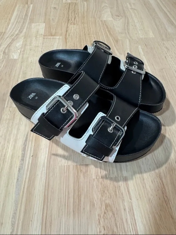 Zara Black and White Double Buckle Slide Sandals EUC - Image 3