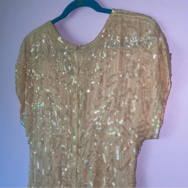 Vintage Size M Pastel Peach Silk Sequin Ball Gown Formal Dress Modest Hoco Prom - Image 8