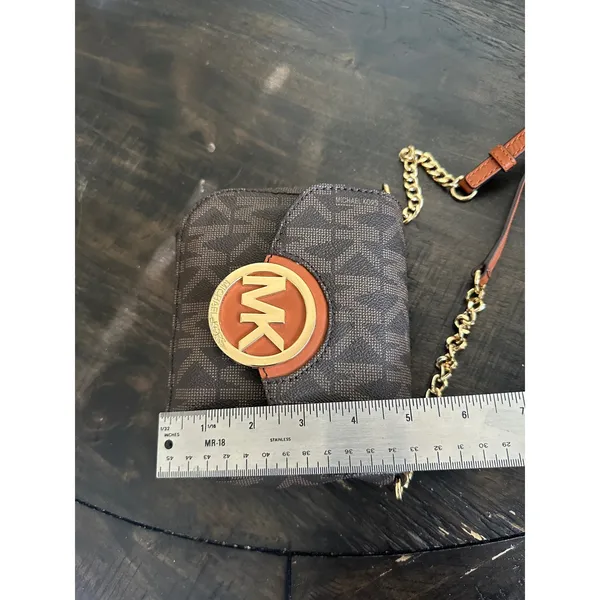 Michael Kors Brown Signature Logo Crossbody Bag Gold MK Medallion Mini Purse EUC - Image 8