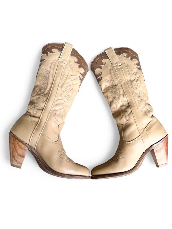 Capezio Vintage Two Tone Tan/Ivory Heeled Cowgirl Boots Sz 6 - Image 6
