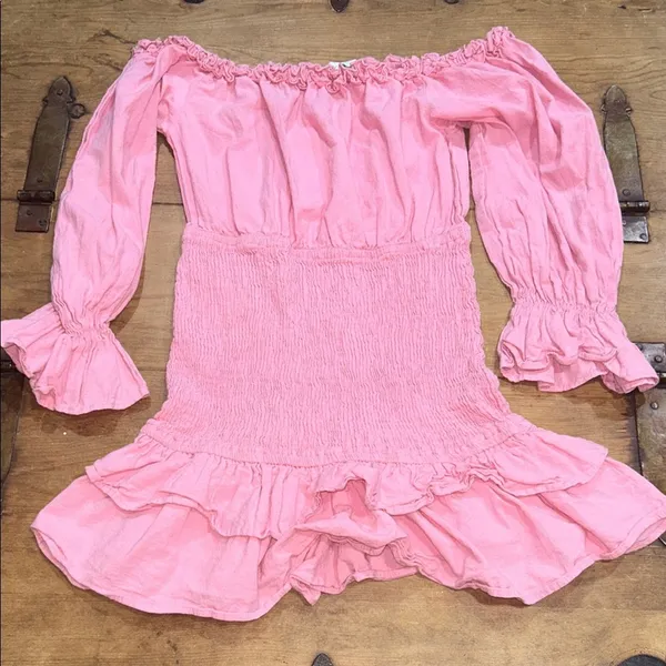 Woman’s Petal & Pup Pink Off-the-Shoulder Smocked Ruffle Mini Dress Size Medium - Image 2