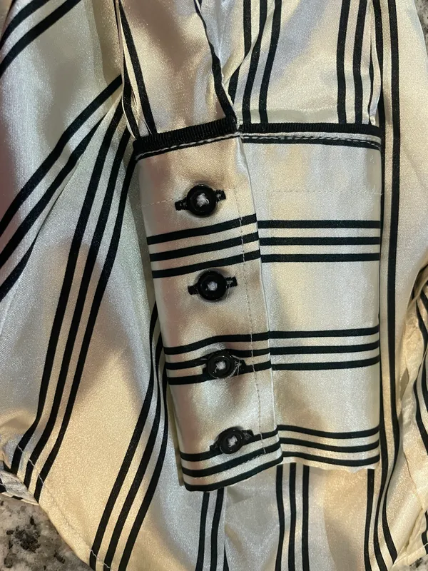 ZARA Satin Office Blouse STRECH Size Small Cream Black Lines Preppy Chic - Image 8