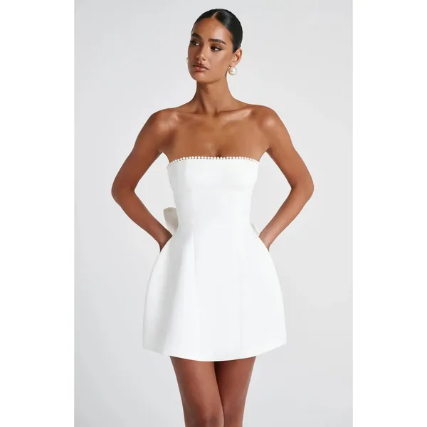 NWT Babyboo Suni Ivory Bow Pearl Trim Strapless Cocktail Mini Dress Women Size M - Image 7
