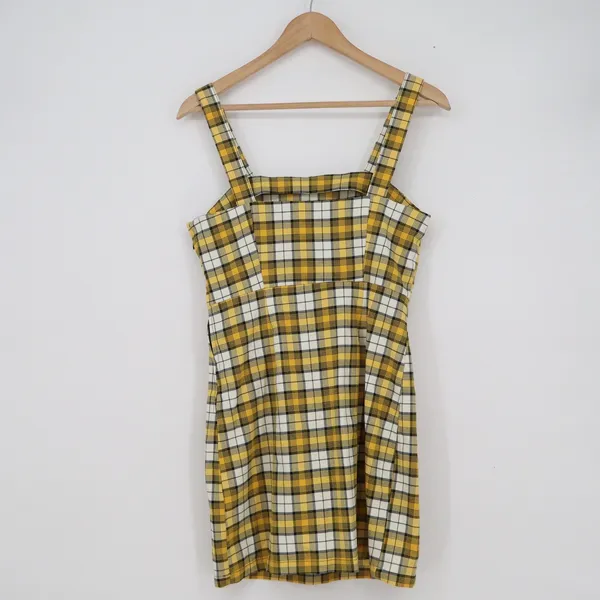 H&M Divided Yellow Plaid Mini Pinafore Dress Womens Size 6 Square Neck 90s Style - Image 4
