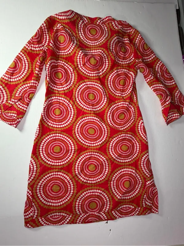 Tory Burch Red, White & Mustard Circular medallion Print dress 35 inches - Image 5