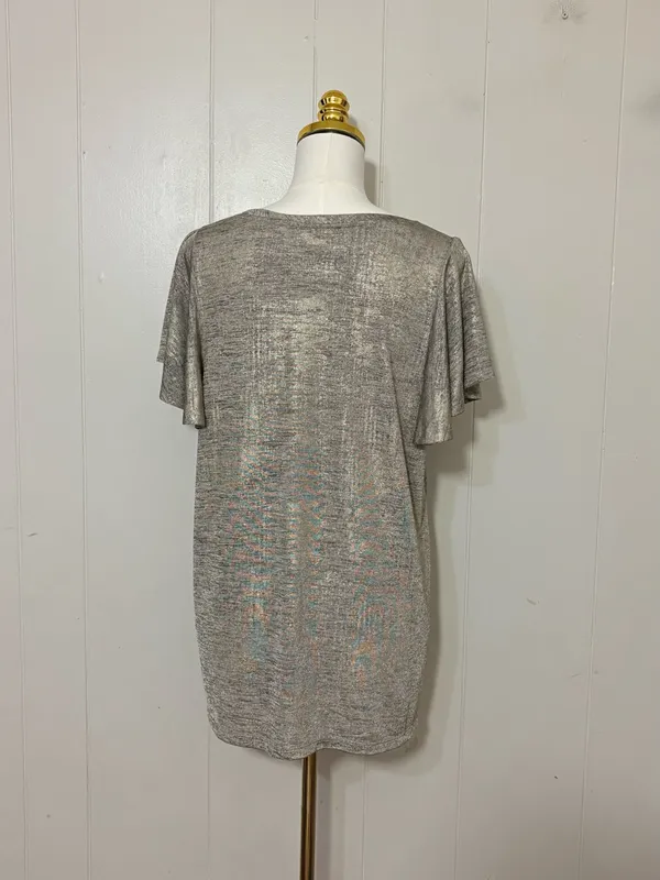 By Anthropologie Shimmer Knit Flutter Sleeve Metallic Top Silver XL - Image 7