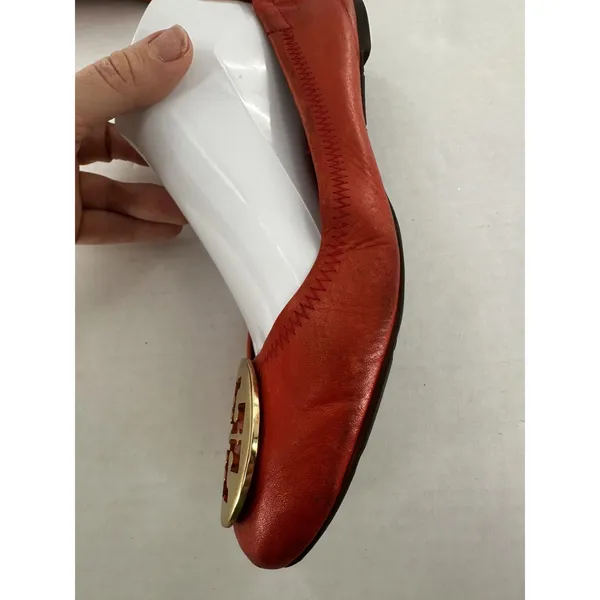 Tory Burch Flats Sz 8 Minnie Travel Orange Logo Office Classic Gold Logo Leather - Image 5