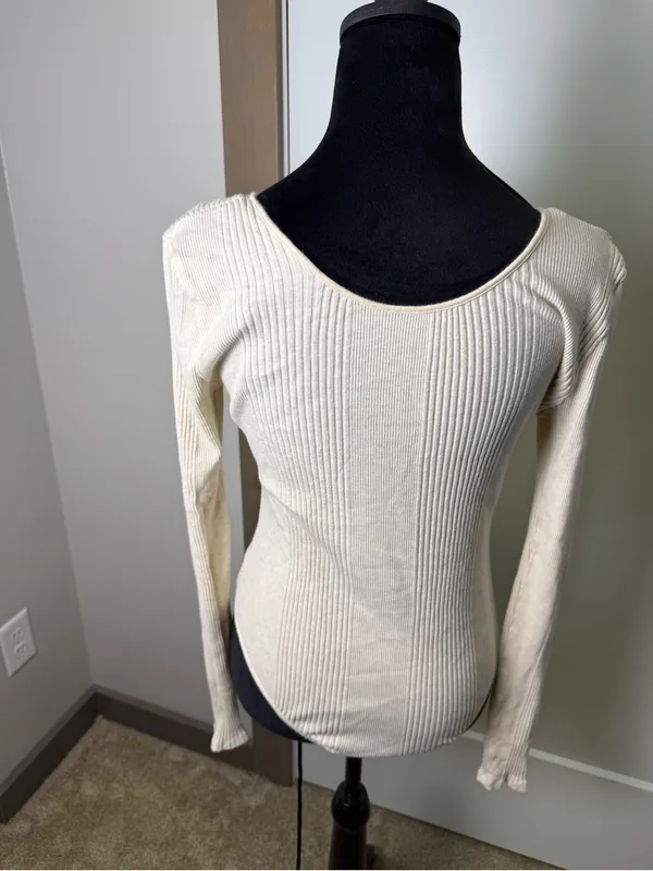 Aerie Cream‎ Off White Ribbed Bodysuit Strappy Criss Cross Casual Stretch Lg - Image 3