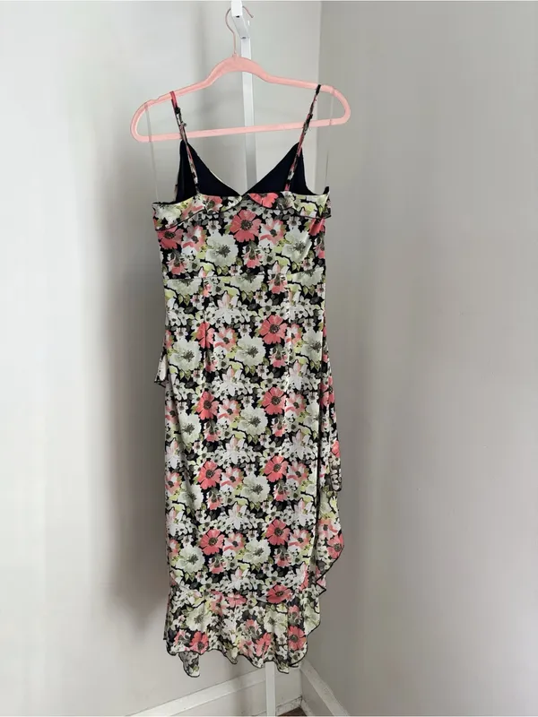No Comment Floral Asymmetrical Hem Ruffle Mesh Midi w Midi Slip Dress Size L - Image 4