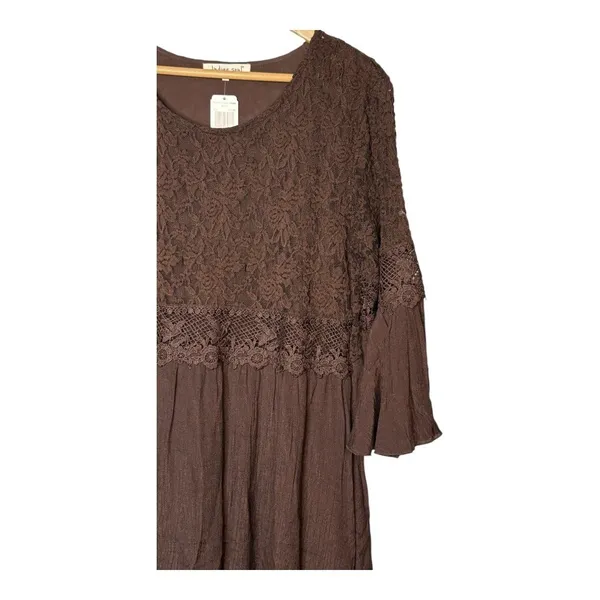 Indigo Soul Mini Dress Womens Medium Brown‎ Gored Crochet Lace Bell Sleeve Boho - Image 9