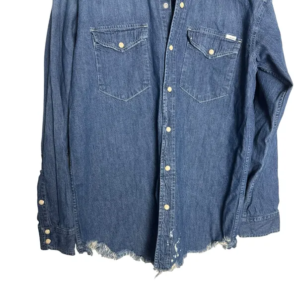Mother The Western Cowgirl Blue Denim Jean Long Sleeve Button Raw Hem S - Image 5