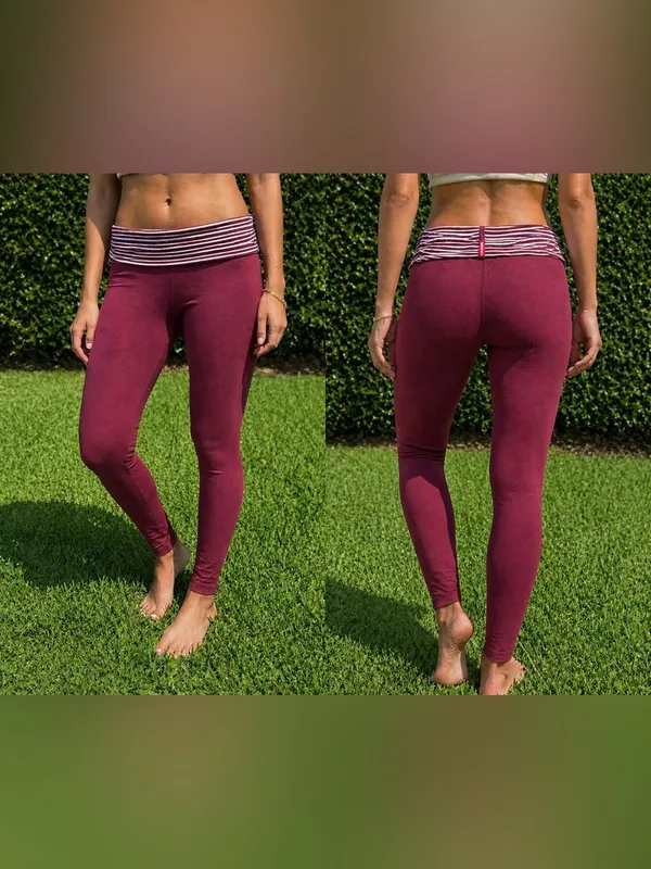 Vintage Hard Tail Forever Fold Over Yoga Leggings Burgundy Stripe Waist Size S M - Image 2
