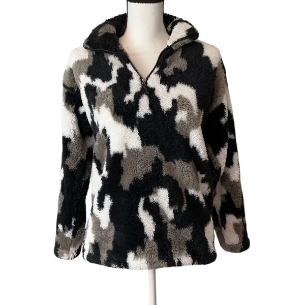 Eddie Bauer Womens Sherpa Fleece Quarter Zip Pullover Camo Black Grey Small - Image 2