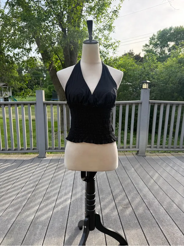 Black Smocked Halter Top Open Back Cotton Y2K Large - Image 2