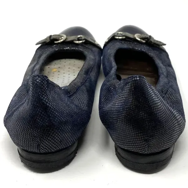 AGL Ballerina Flat‎ Shoes Cap Toe Metallic Patent Leather Navy Blue Size 8.5 - Image 11