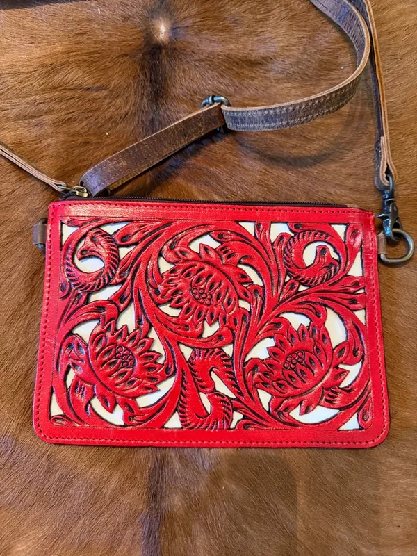 NEW Western Tooled Leather Crossbody Bag - Red & White - Image 3