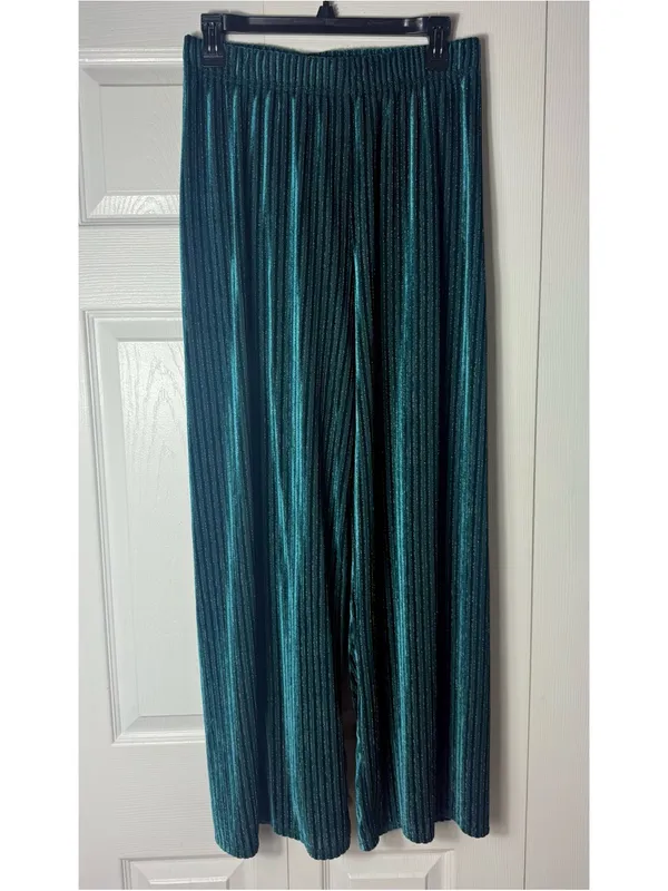 House of Harlow 1960 Teal Green Velvet Striped Wide Leg Pants Small Stretch - Image 3