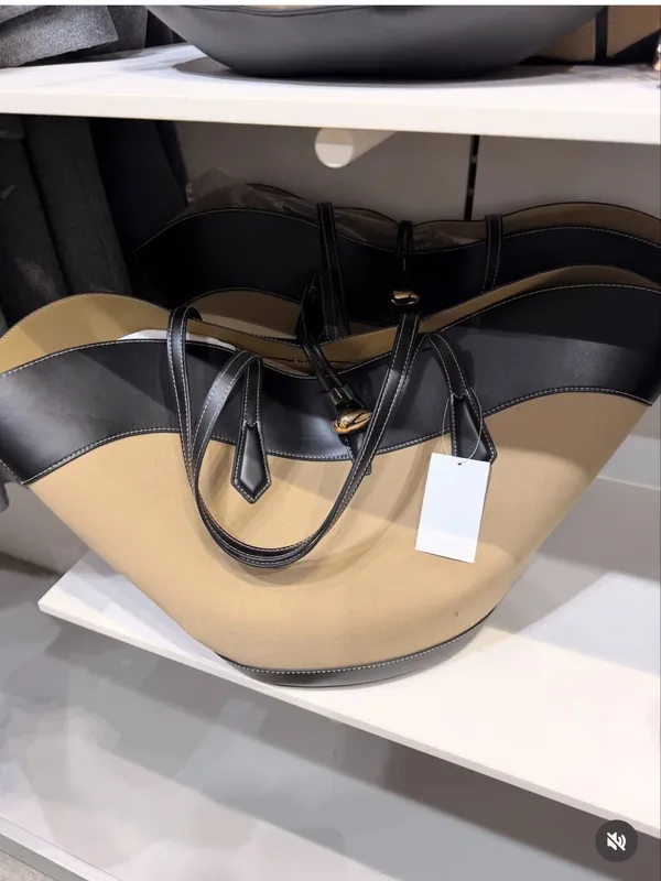 H&M NWT Large oversized Beige Black Structured canvas Tote Bag gold button - Image 5