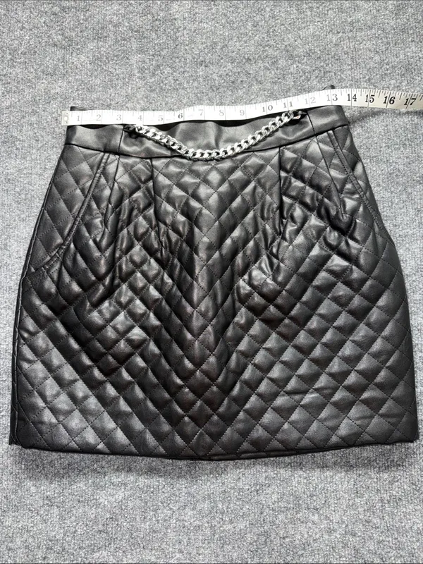 Amanda Uprichard Quilted Faux Leather Mini Skirt in Black with Silver Chain - Image 3