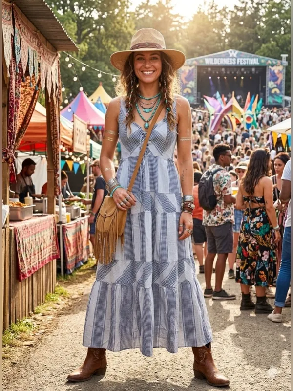Betsey Johnson Stripe Play Yarn-Dye Tiered Maxi Dress Blue Small size Gingham - Image 2