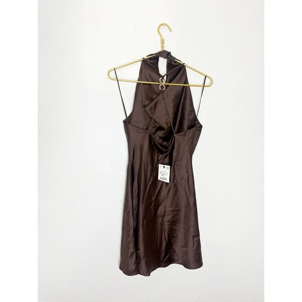 NWT Zara Brown Satin Jewelry Back Mini Dress Size Small High Neck Cocktail - Image 13