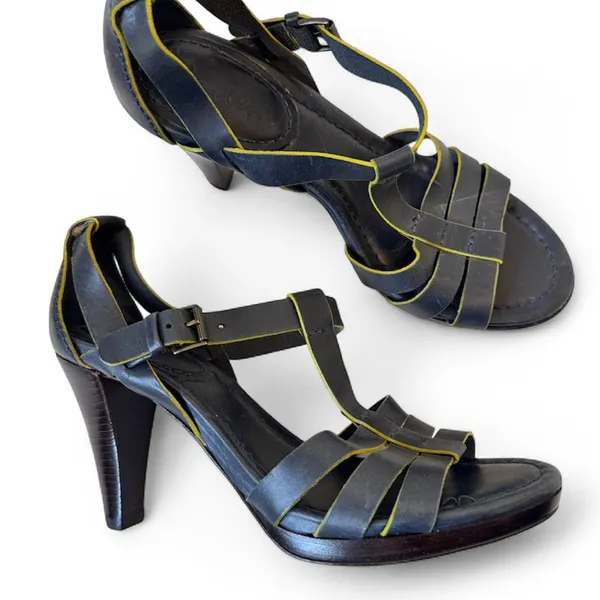 Boden Blue Leather Strappy Heels Women’s 7.5 Peep Toe Lime Green Trim Fall - Image 2