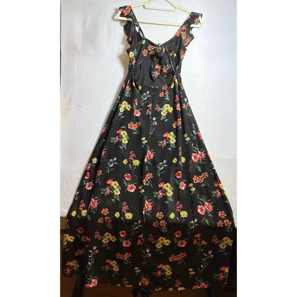 Forever 21 Contemporary Black Floral Maxi Dress Ruffle Tie Back Slit Small - Image 3