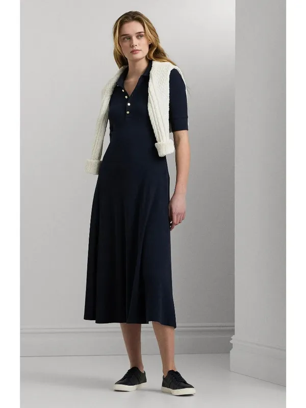 Lauren Ralph Lauren Lillianna Dress in Black Large Womens Midi Knit Ribbed Polo - Image 4