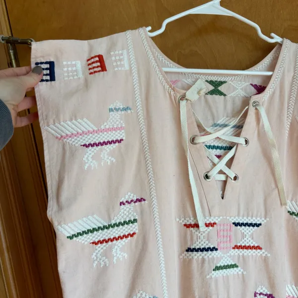 VALIANTE Anthro Pink Embroidered Bird Lace Up Tunic Top‎ Blouse Women's Size 1 - Image 2