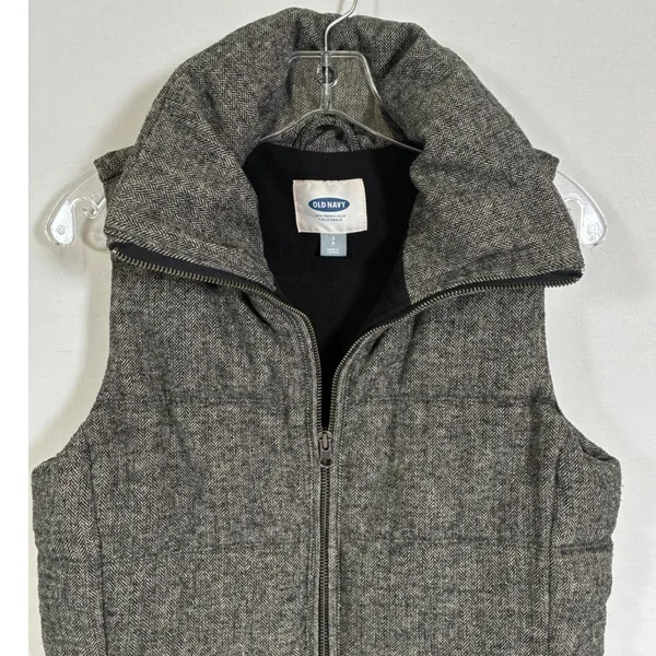 Old Navy Womens Gray Herringbone Puffer Vest Wool Blend Funnel Neck Small - Image 3