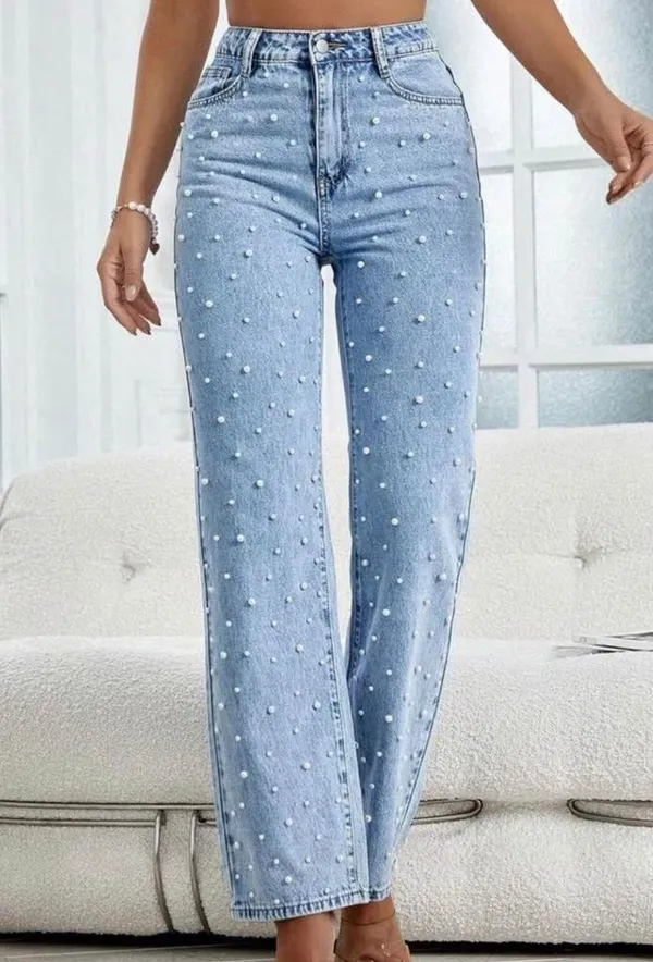 Blue Pearl-Embellished Women's Jeans - Image 4