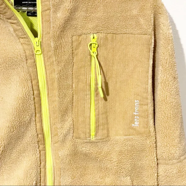 Urban Outfitters BDG Small Tan‎ Neon Trim Teddy Bear Sherpa Full Zip Jacket - Image 2