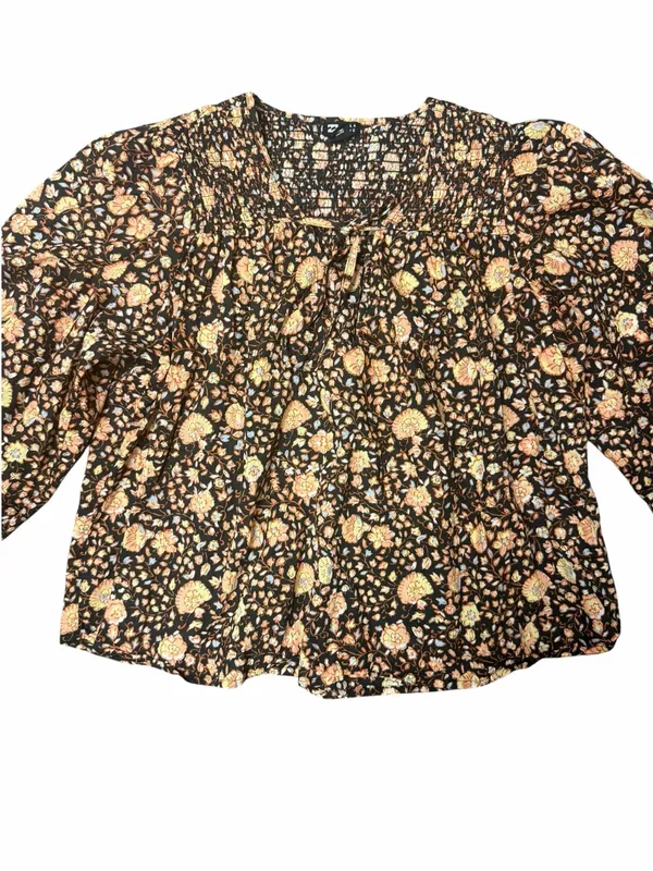 Billabong Desert Daze Floral Peasant Blouse Brown Smocked Long Sleeve Top Medium - Image 9