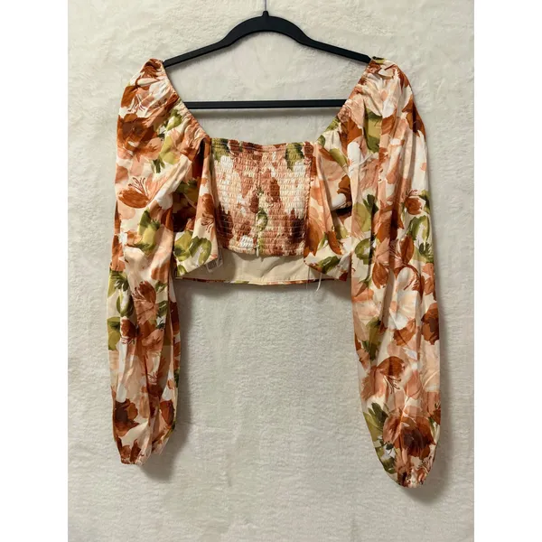 Abercrombie & Fitch Floral Satin Crop Top Medium Long Sleeve Blouse Orange - Image 5