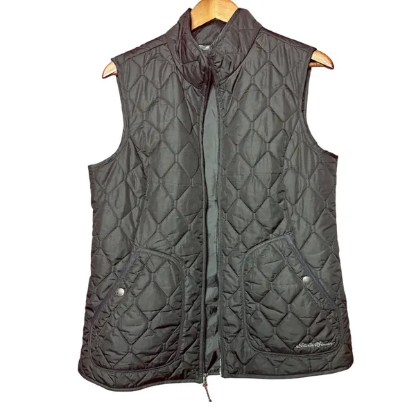 Eddie‎ Bauer Quilted Vest Women Large Black Excellent Full Zip Diamond Pattern - Image 2