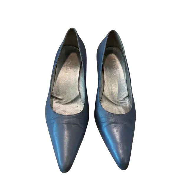 Escada Kitten Heel Pumps Size 8.5 Blue Metallic Pointed Toe Leather Italy - Image 2