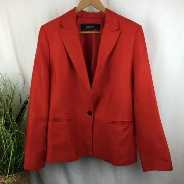 Zara Linen Blend Red Oversized Boyfriend Jacket Blazer M - Image 4