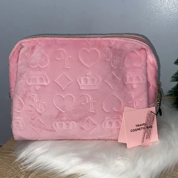 Juicy Couture Heart Logo Pink Velour Pressed Pattern Cosmetic Travel Bag NWT - Image 2