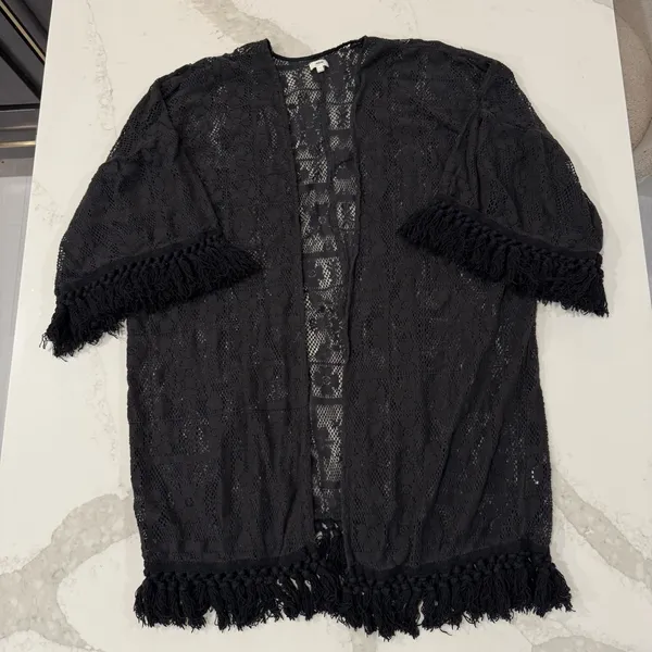 Aerie Crochet Lace Fringe Hem Kimono Women’s M/L Black Floral Swim Coverup Boho - Image 5