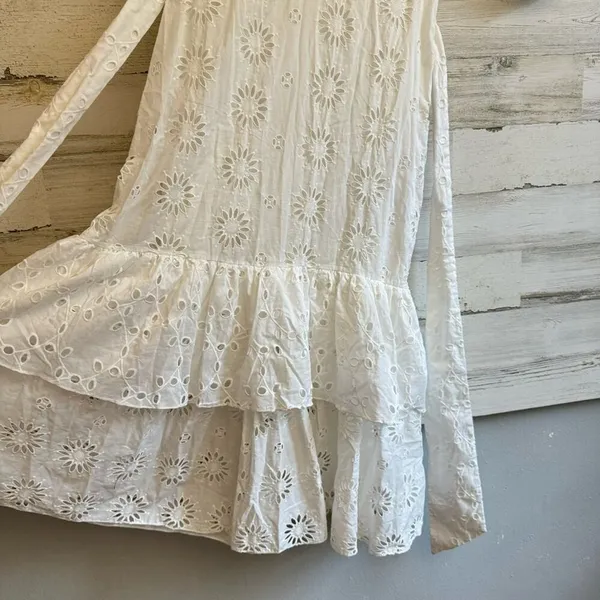 Zara Eyelet Cotton Midi Dress Puff Sleeve Belted Floral Ruffle Tiered Medium - Image 9