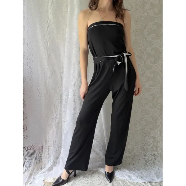 Vintage Cimmaron Dress Black Strapless Wide Leg Jumpsuit Minimalist 80s - Image 11