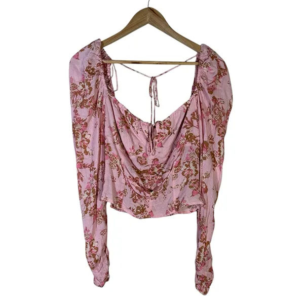 Free People Hilary Printed Top Womens M Pink Floral Ruched Puff Sleeve Smocked - Image 3