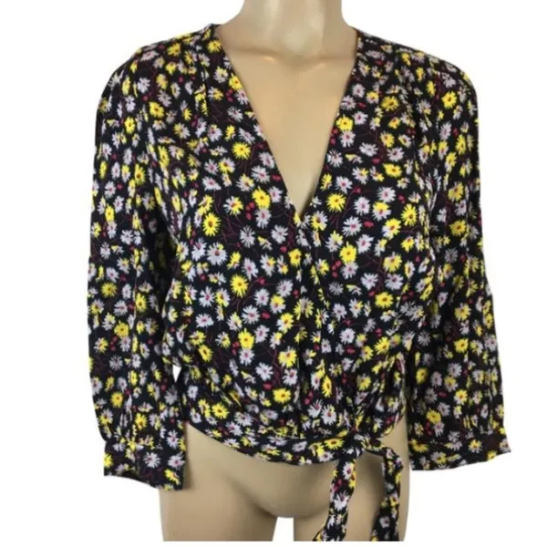 Madewell Black French Moody Dark Floral Wrap Long Sleeve Top S NEW - Image 4