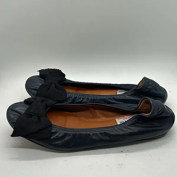 Lanvin Paris Navy Blue Leather Black Bow Ballet Flats Shoes **Size 37.5/US 5.5** - Image 4